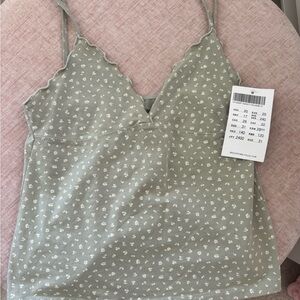 Brandy Melville Sage Green Floral Scallop Tank Top